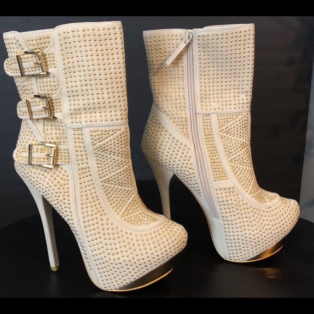 Beaded High Heel Mid Calf Boots